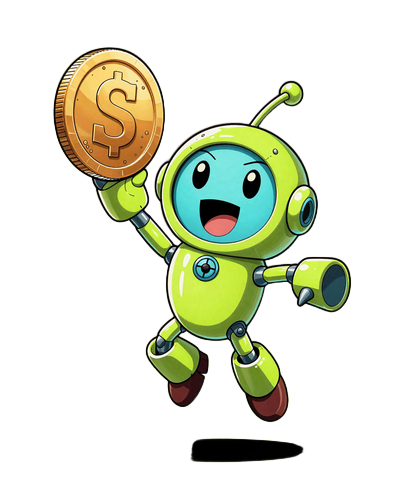 Caszilla Roboter-Maskottchen springt mit riesiger Neon-Goldm&uuml;nze in verspielter Comic-Pose