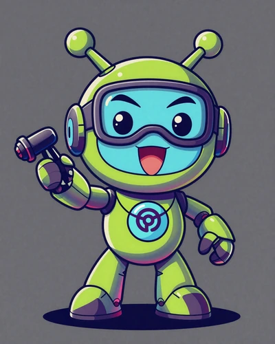 Caszilla Roboter-Maskottchen mit Gaming-Visier und Joystick in verspielter Pose mit BOOM-Sprechblase