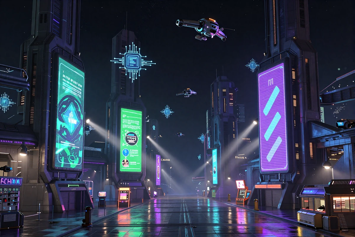 Neon-lit sci-fi bot-town cityscape at night with glowing microchips and arcade spotlights as Casoola Casino hero background