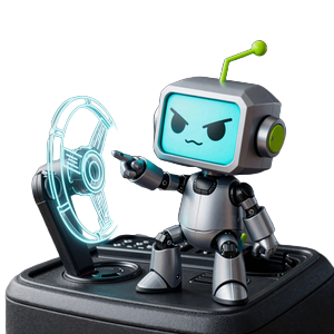 Caszilla Roboter-Maskottchen sitzt auf dem Gamification-Dashboard und deutet auf das Gl&uuml;cksrad