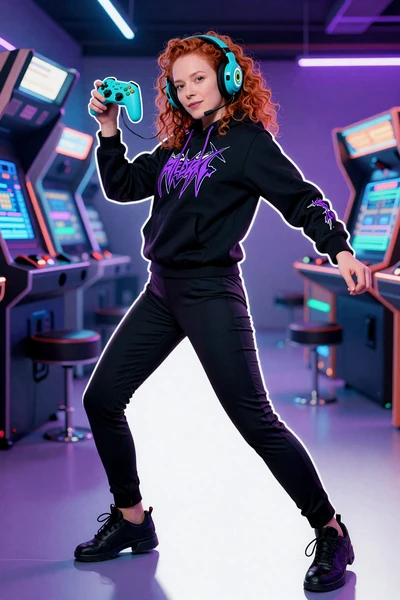 Selbstbewusste Spielerin mit Neon-Gaming-Headset und Controller in dynamischer Pose vor dunklem Arcade-Hintergrund