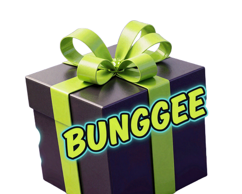 Riesige &Uuml;berraschungs-Geschenkbox mit Neon-Limetten-Band und schwebenden Fragezeichen im Comic-Stil