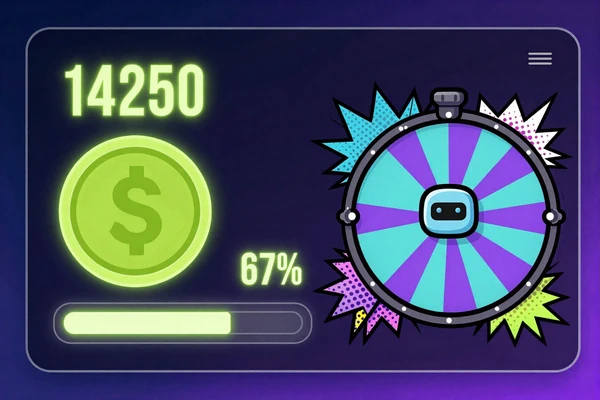 Gamification-Dashboard mit Neon-Coin-Z&auml;hler, Fortschrittsbalken und holographischem Gl&uuml;cksrad bei Casoola Casino
