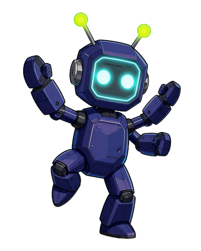 Caszilla Roboter-Maskottchen mit Limetten-Antenne und Neon-Cyan-Gesicht in verspielter Pose