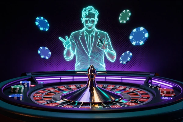 Live Casino Roulette-Tisch mit Neon-Cyan- und Lila-Beleuchtung sowie holographischem Dealer bei Casoola Casino