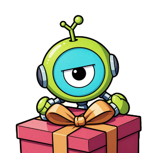 Caszilla Roboter-Maskottchen schaut schelmisch hinter einer Geschenkbox hervor