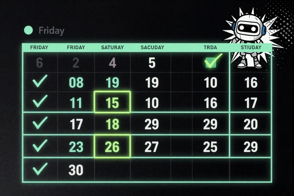 Dunkler Kalender mit neon-leuchtendem Wochenende und Roboter-Maskottchen, das Daten markiert