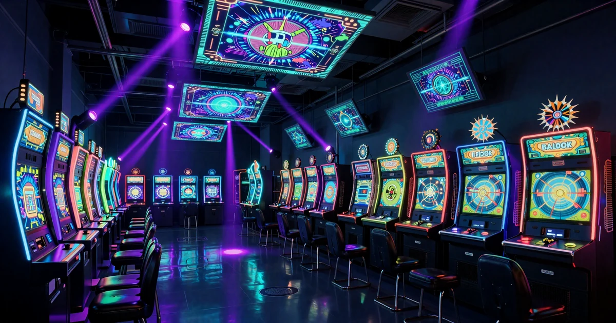 Neon-erleuchtete Arcade-Halle mit gl&uuml;henden Slot-Automaten und holographischen Spielbildschirmen als Casoola Casino Spiele-Hintergrund